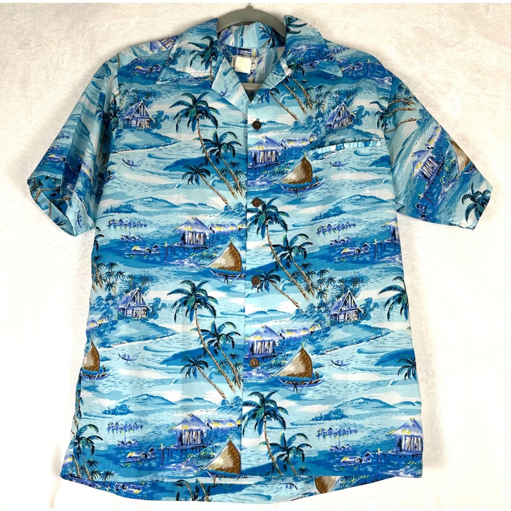 Vintage Liberty‎ House Hawaii Shirt Mens M Blue Aloha Tropical Outrigger Canoe